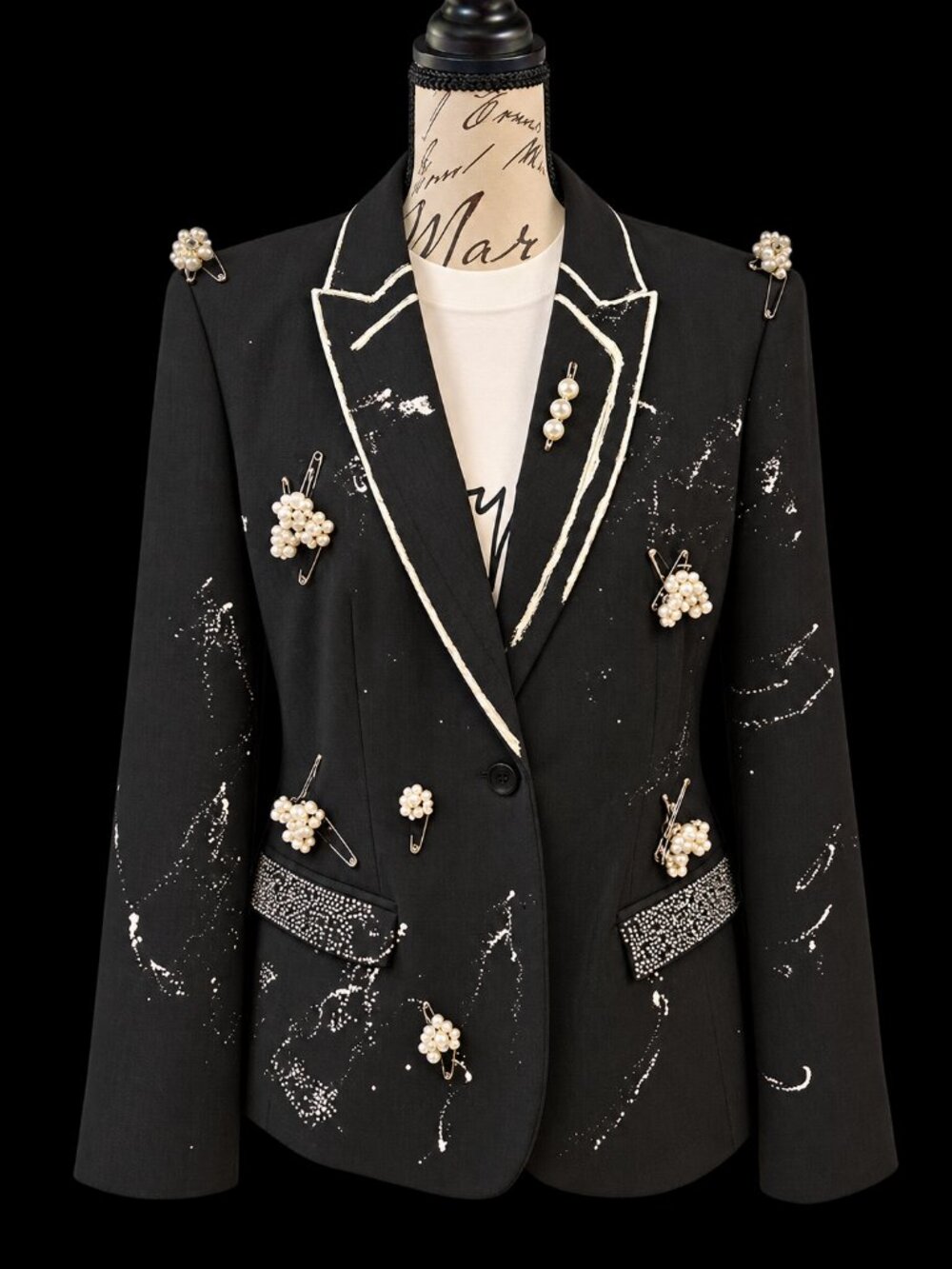 One-of-a-Kind Embellished Black Blazer – Pearl & Rhinestone Statement Jacket